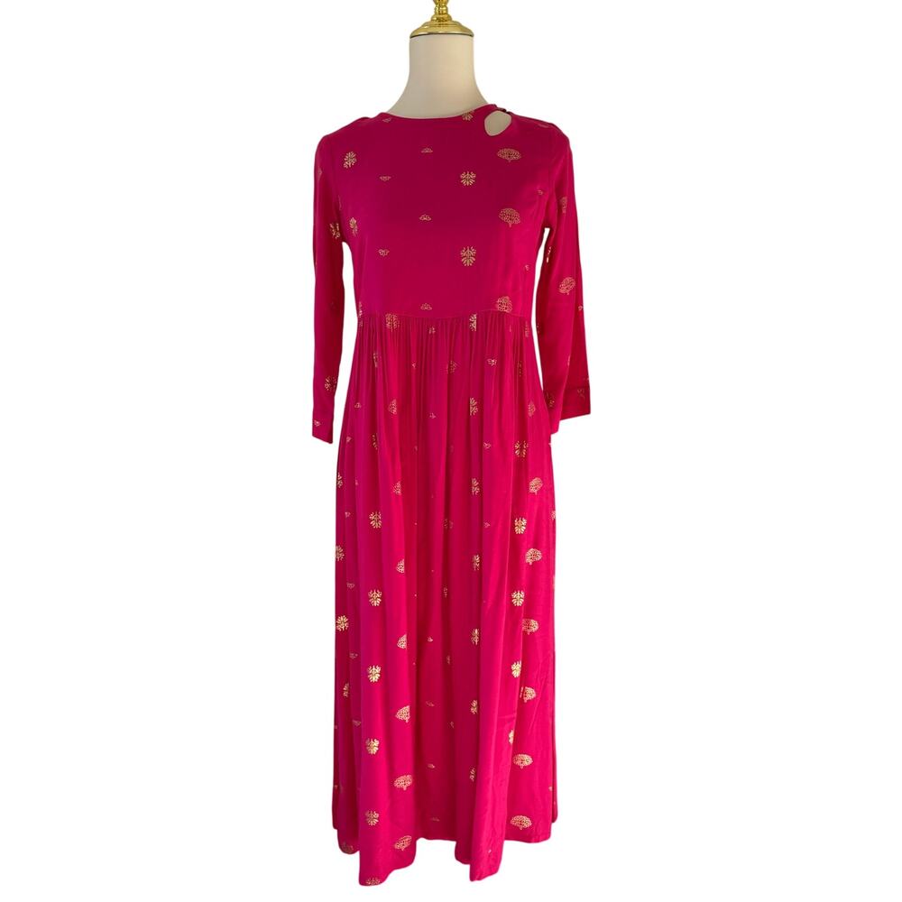 NWT Indya Women Pink Gold Foil Print Kurta Maxi Tunic Dress A Line XS